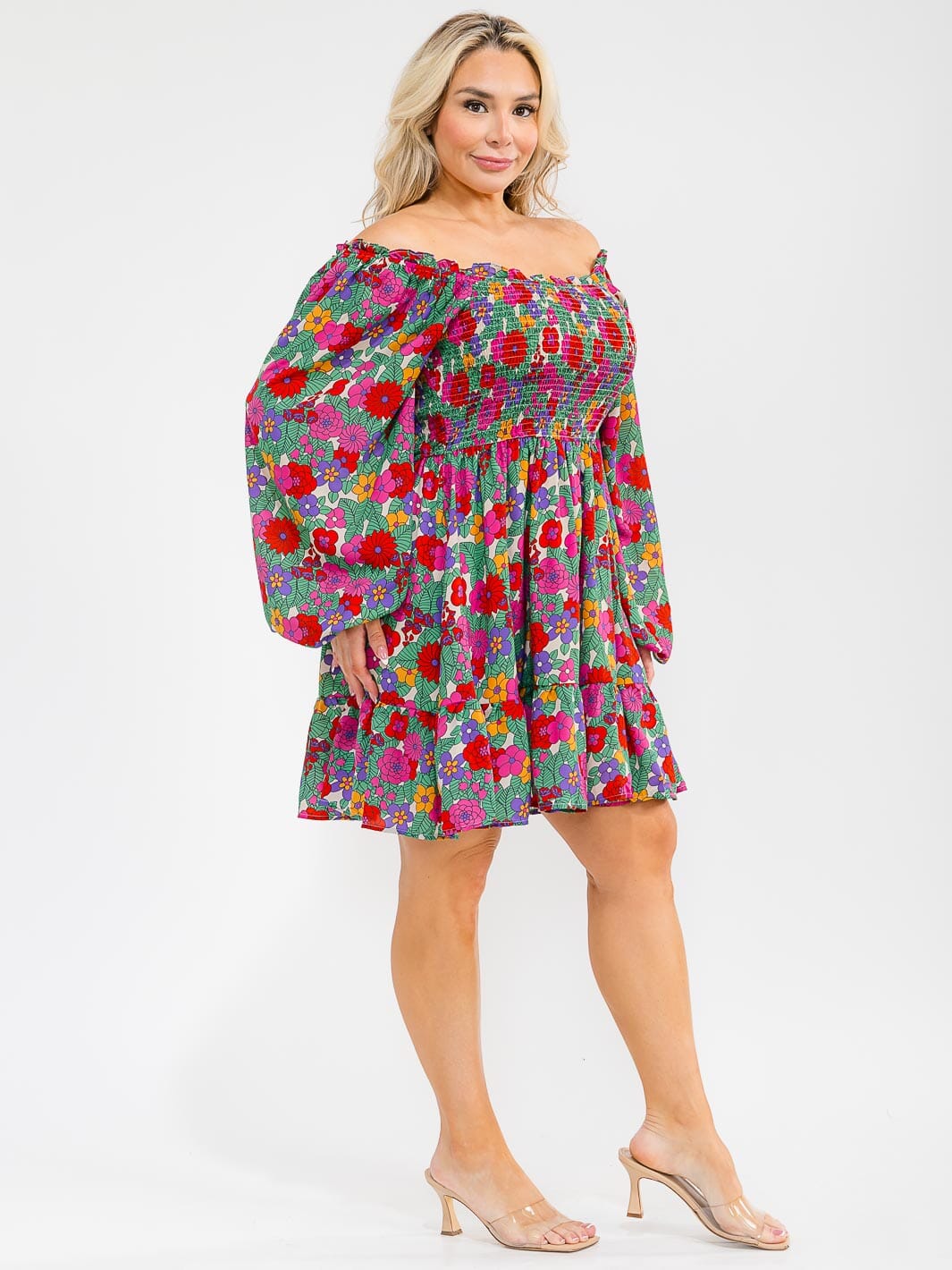PLUS SIZE LONG SLEEVE SMOCK FLORAL PRINT TIERED MINI DRESS
