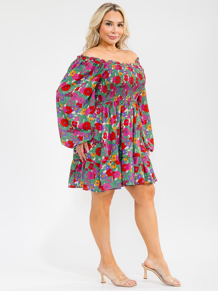 PLUS SIZE LONG SLEEVE SMOCK FLORAL PRINT TIERED MINI DRESS