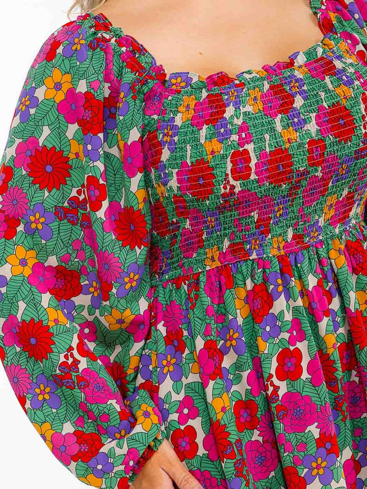 PLUS SIZE LONG SLEEVE SMOCK FLORAL PRINT TIERED MINI DRESS