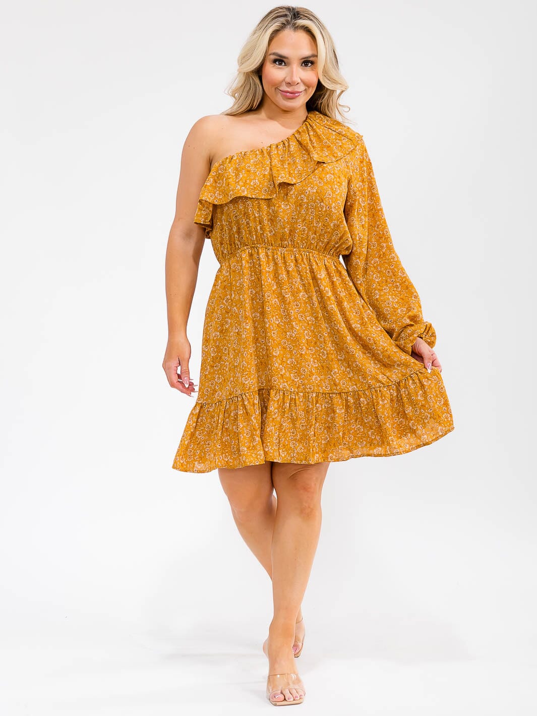 PLUS SIZE LONG SLEEVE ONE SHOULDER ELASTIC WAIST FLORAL PRINT FIT & FLARE MINI DRESS