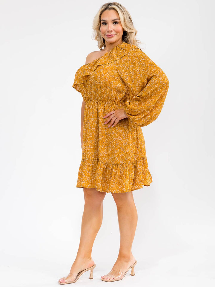 PLUS SIZE LONG SLEEVE ONE SHOULDER ELASTIC WAIST FLORAL PRINT FIT & FLARE MINI DRESS