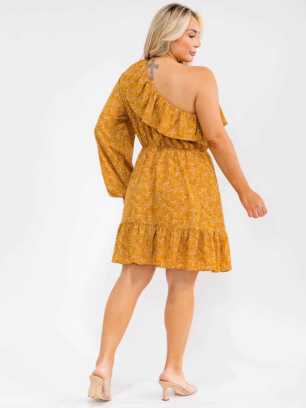 PLUS SIZE LONG SLEEVE ONE SHOULDER ELASTIC WAIST FLORAL PRINT FIT & FLARE MINI DRESS