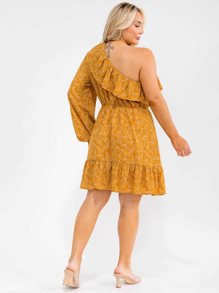 PLUS SIZE LONG SLEEVE ONE SHOULDER ELASTIC WAIST FLORAL PRINT FIT & FLARE MINI DRESS