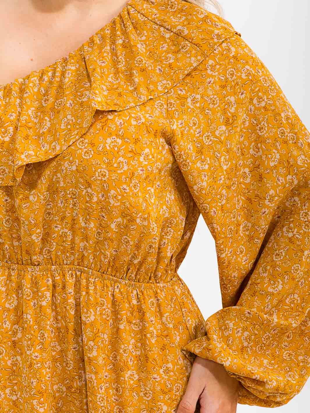 PLUS SIZE LONG SLEEVE ONE SHOULDER ELASTIC WAIST FLORAL PRINT FIT & FLARE MINI DRESS