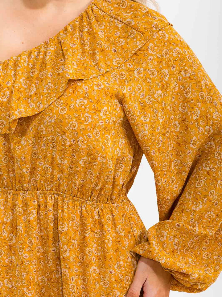 PLUS SIZE LONG SLEEVE ONE SHOULDER ELASTIC WAIST FLORAL PRINT FIT & FLARE MINI DRESS