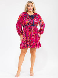 PLUS SIZE LONG SLEEVE V-NECK MULTI PRINT FIT & FLARE MINI DRESS