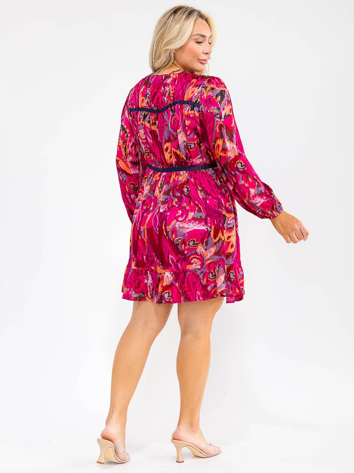 PLUS SIZE LONG SLEEVE V-NECK MULTI PRINT FIT & FLARE MINI DRESS