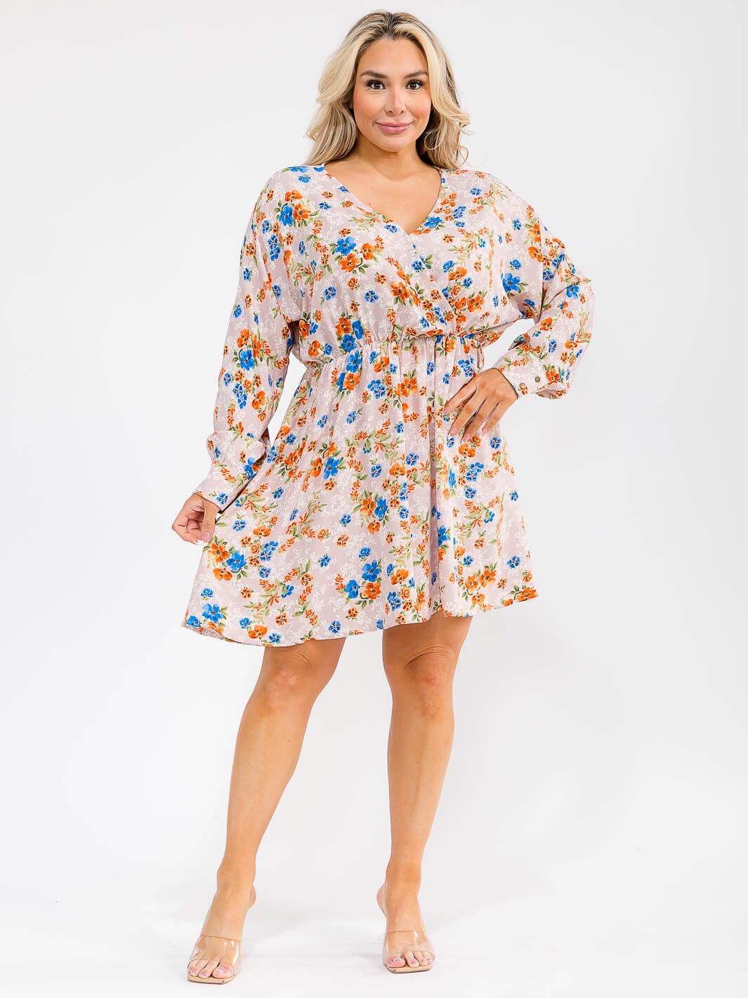 PLUS SIZE LONG SLEEVE SURPLICE ELASTIC WAIST FLORAL MINI DRESS