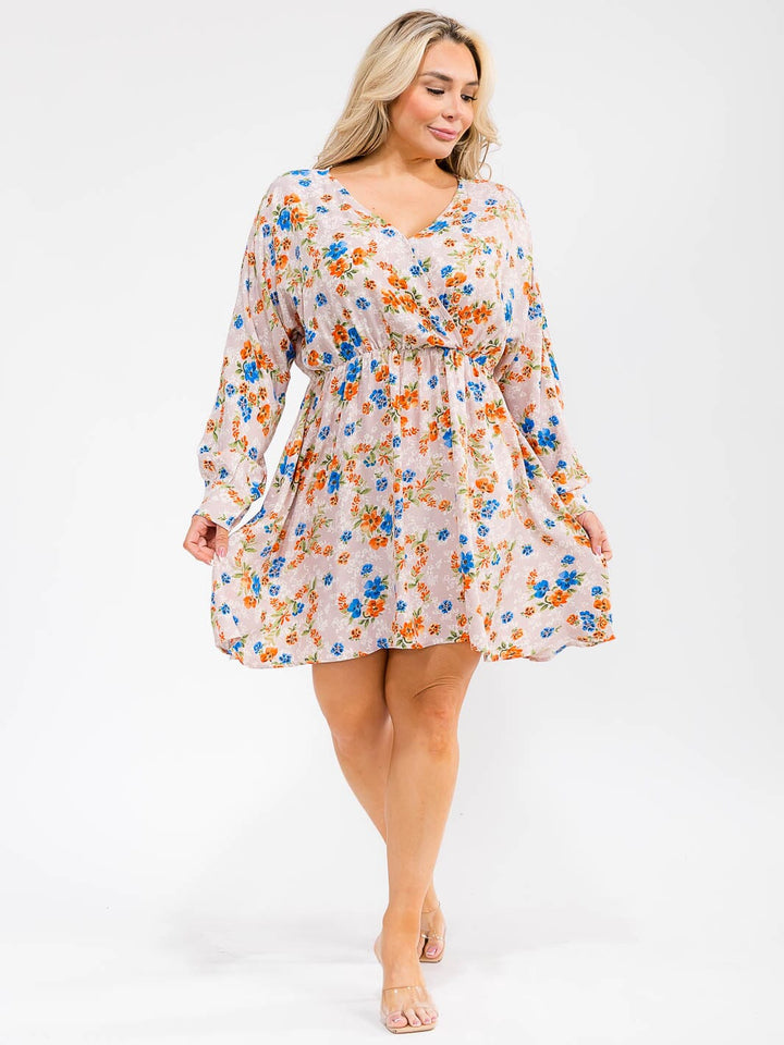 PLUS SIZE LONG SLEEVE SURPLICE ELASTIC WAIST FLORAL MINI DRESS