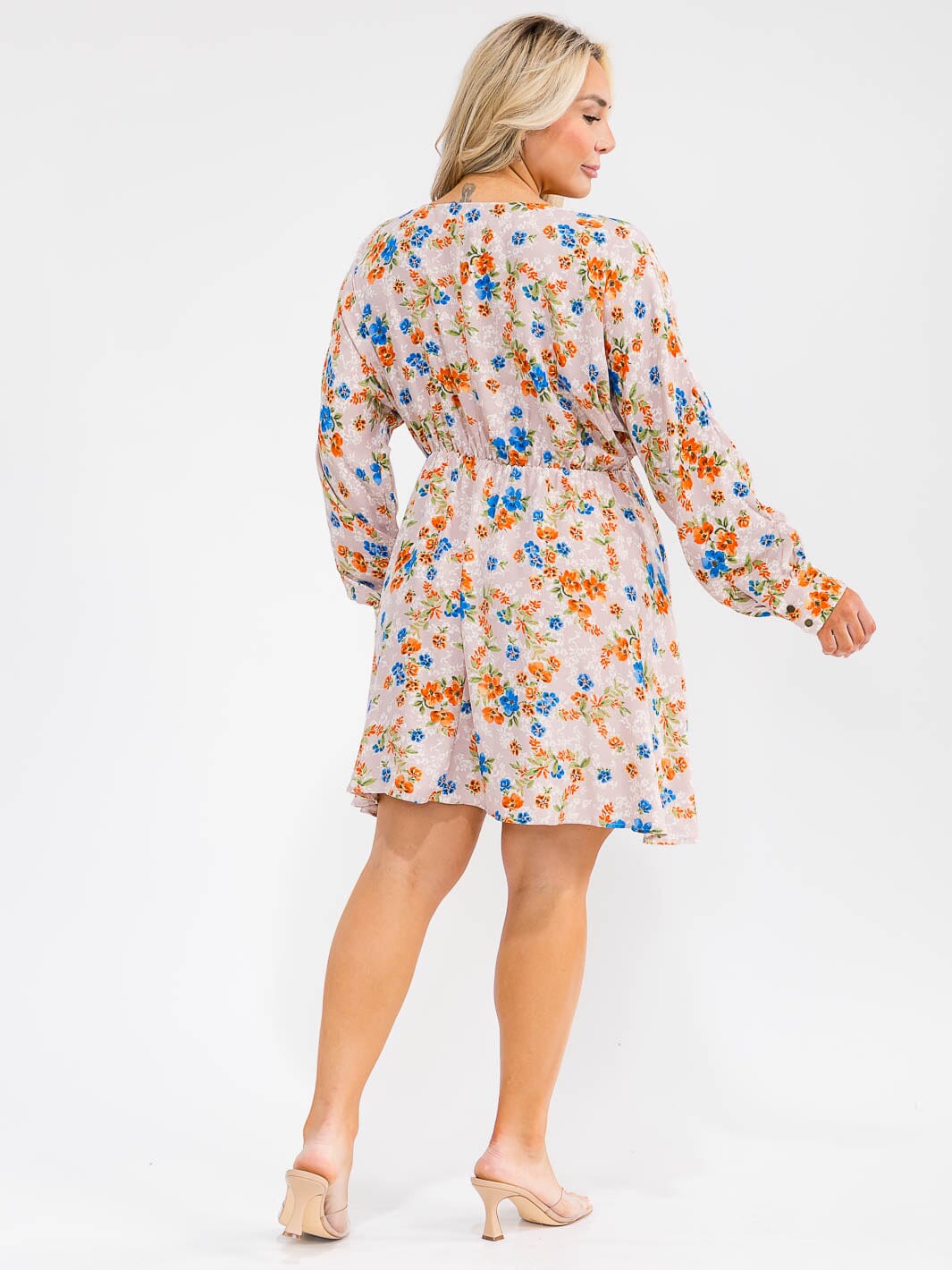 PLUS SIZE LONG SLEEVE SURPLICE ELASTIC WAIST FLORAL MINI DRESS