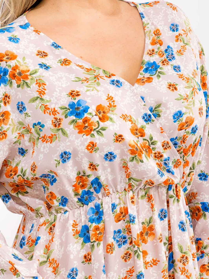 PLUS SIZE LONG SLEEVE SURPLICE ELASTIC WAIST FLORAL MINI DRESS