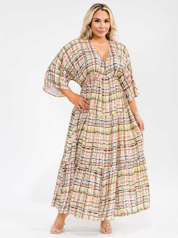 PLUS SIZE 3/4 SLEEVE V-NECK ELASTIC WAIST MULTI PRINT MAXI DRESS