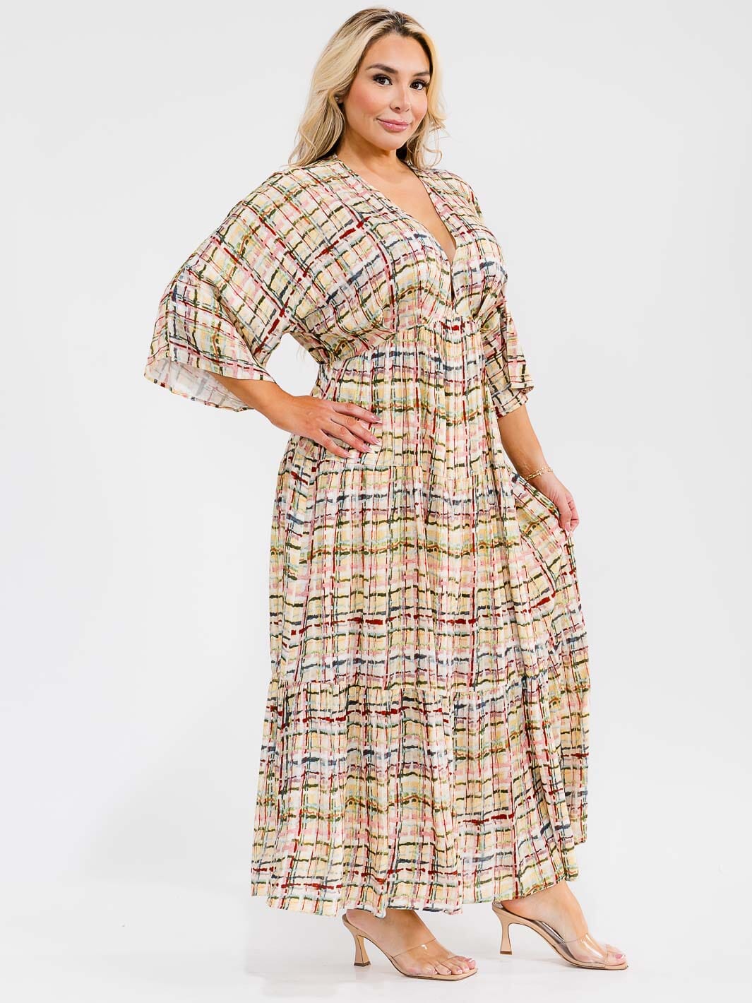 PLUS SIZE 3/4 SLEEVE V-NECK ELASTIC WAIST MULTI PRINT MAXI DRESS