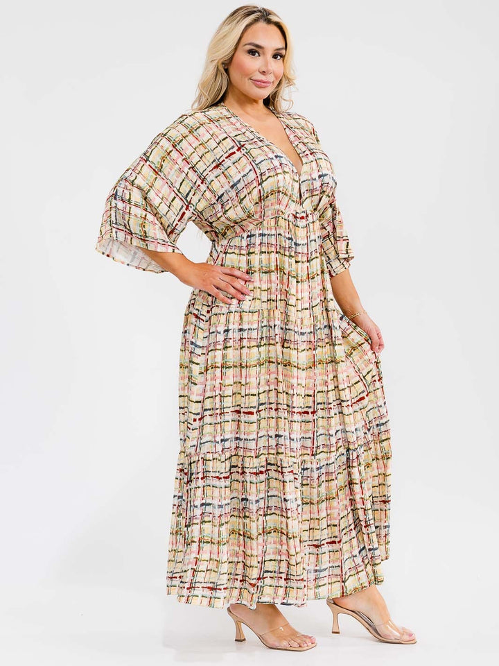 PLUS SIZE 3/4 SLEEVE V-NECK ELASTIC WAIST MULTI PRINT MAXI DRESS