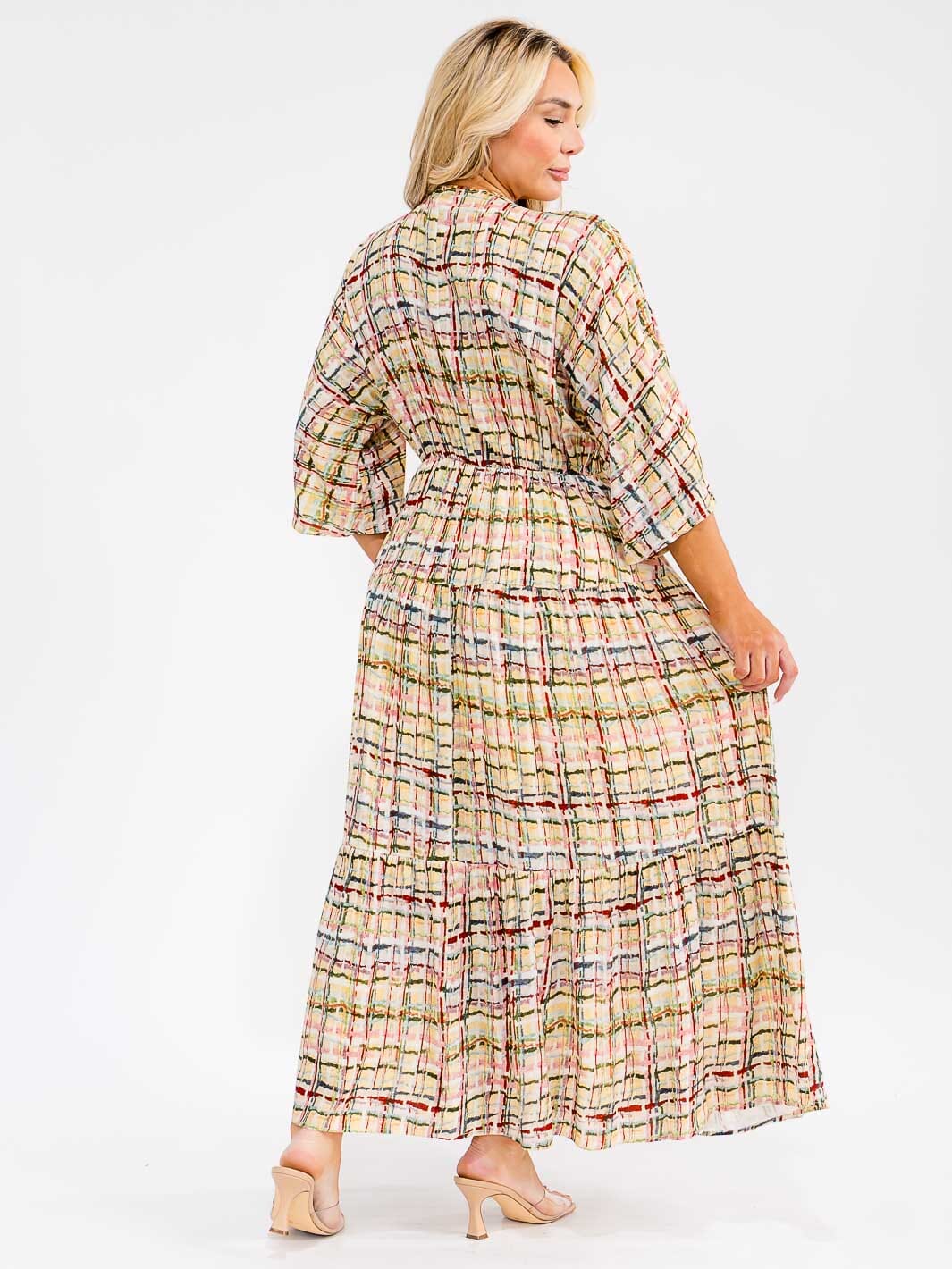 PLUS SIZE 3/4 SLEEVE V-NECK ELASTIC WAIST MULTI PRINT MAXI DRESS
