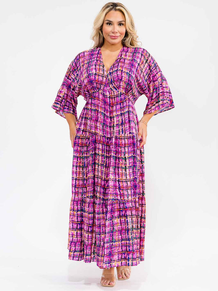PLUS SIZE 3/4 SLEEVE V-NECK ELASTIC WAIST MULTI PRINT MAXI DRESS