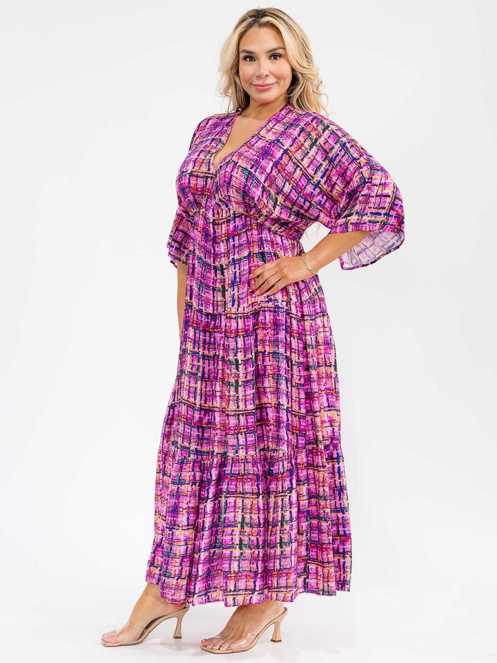 PLUS SIZE 3/4 SLEEVE V-NECK ELASTIC WAIST MULTI PRINT MAXI DRESS