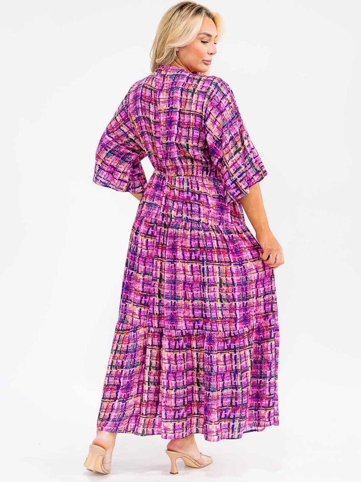 PLUS SIZE 3/4 SLEEVE V-NECK ELASTIC WAIST MULTI PRINT MAXI DRESS
