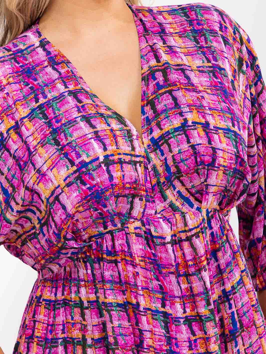 PLUS SIZE 3/4 SLEEVE V-NECK ELASTIC WAIST MULTI PRINT MAXI DRESS