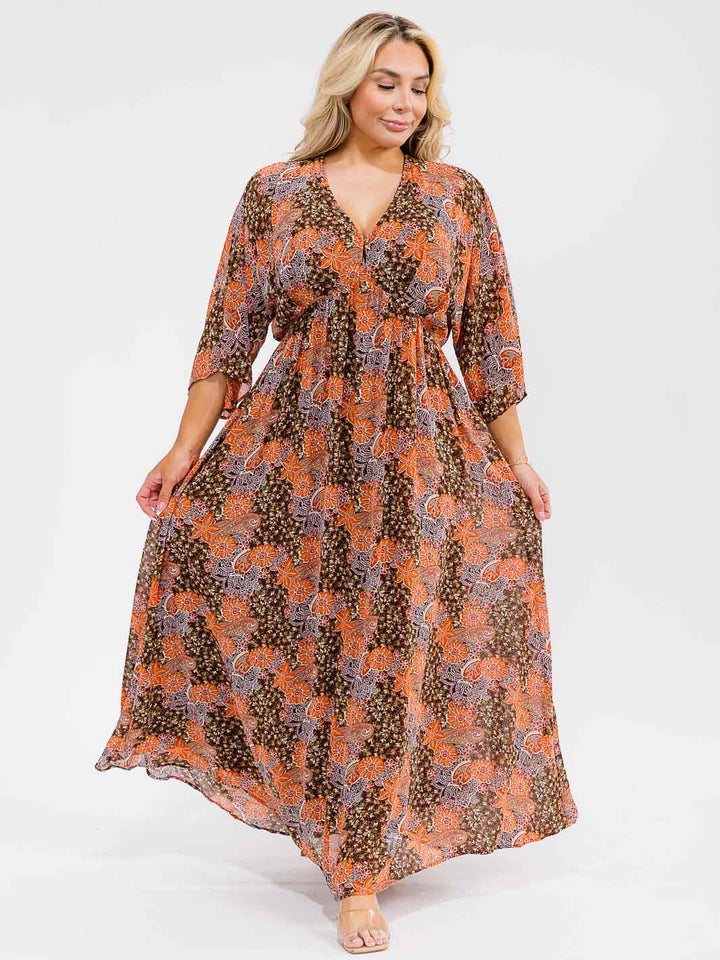 PLUS SIZE 3/4 SLEEVE V-NECK ELASTIC WAIST FLORAL PRINT MAXI DRESS