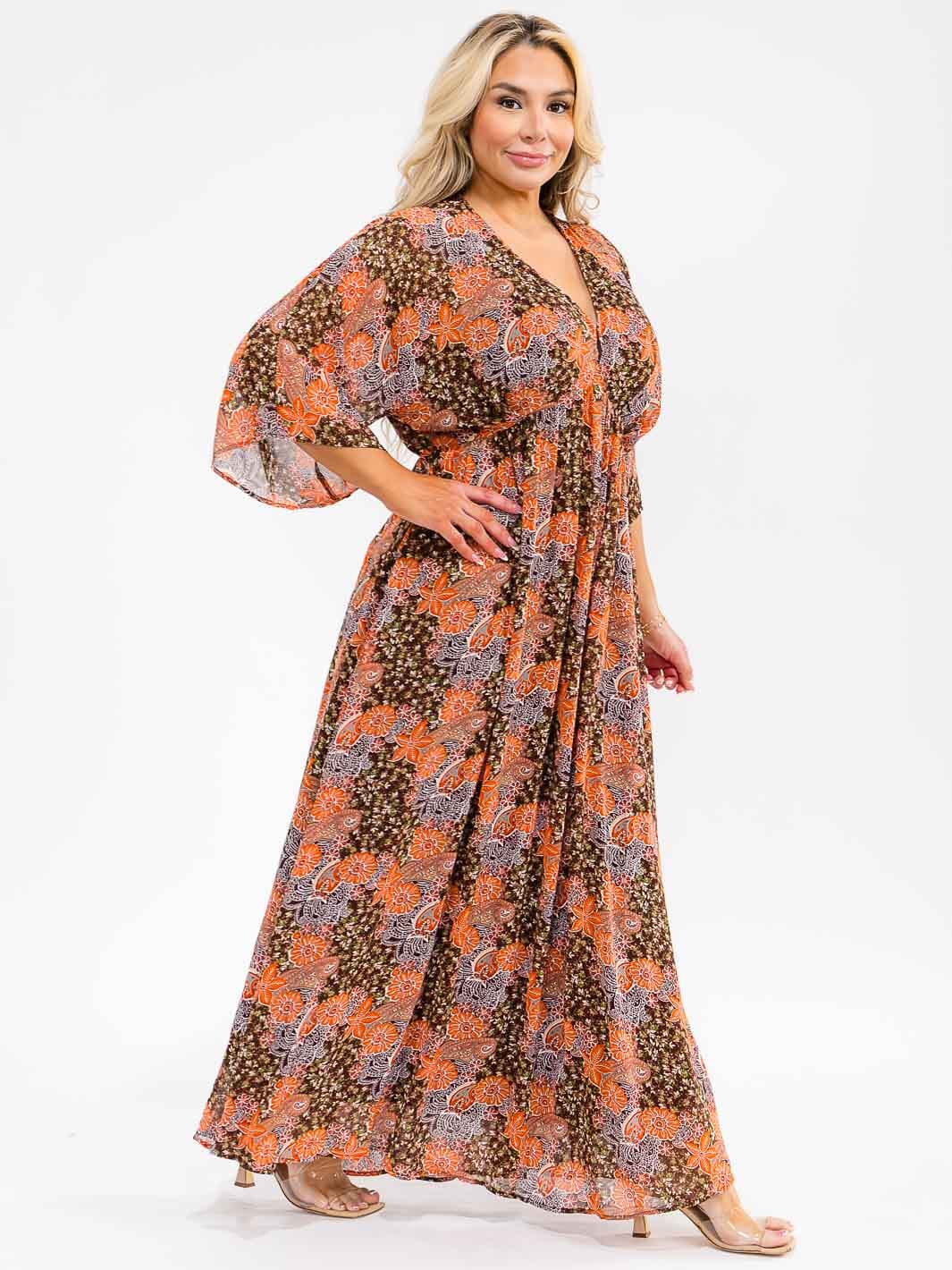 PLUS SIZE 3/4 SLEEVE V-NECK ELASTIC WAIST FLORAL PRINT MAXI DRESS