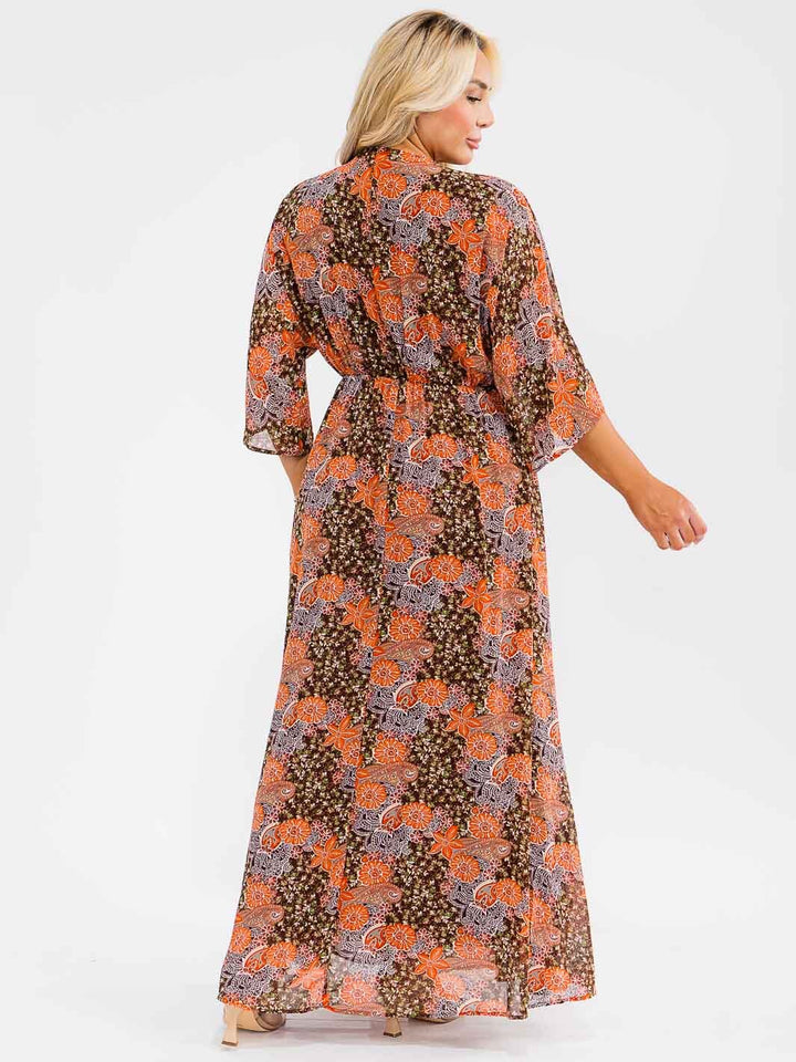 PLUS SIZE 3/4 SLEEVE V-NECK ELASTIC WAIST FLORAL PRINT MAXI DRESS