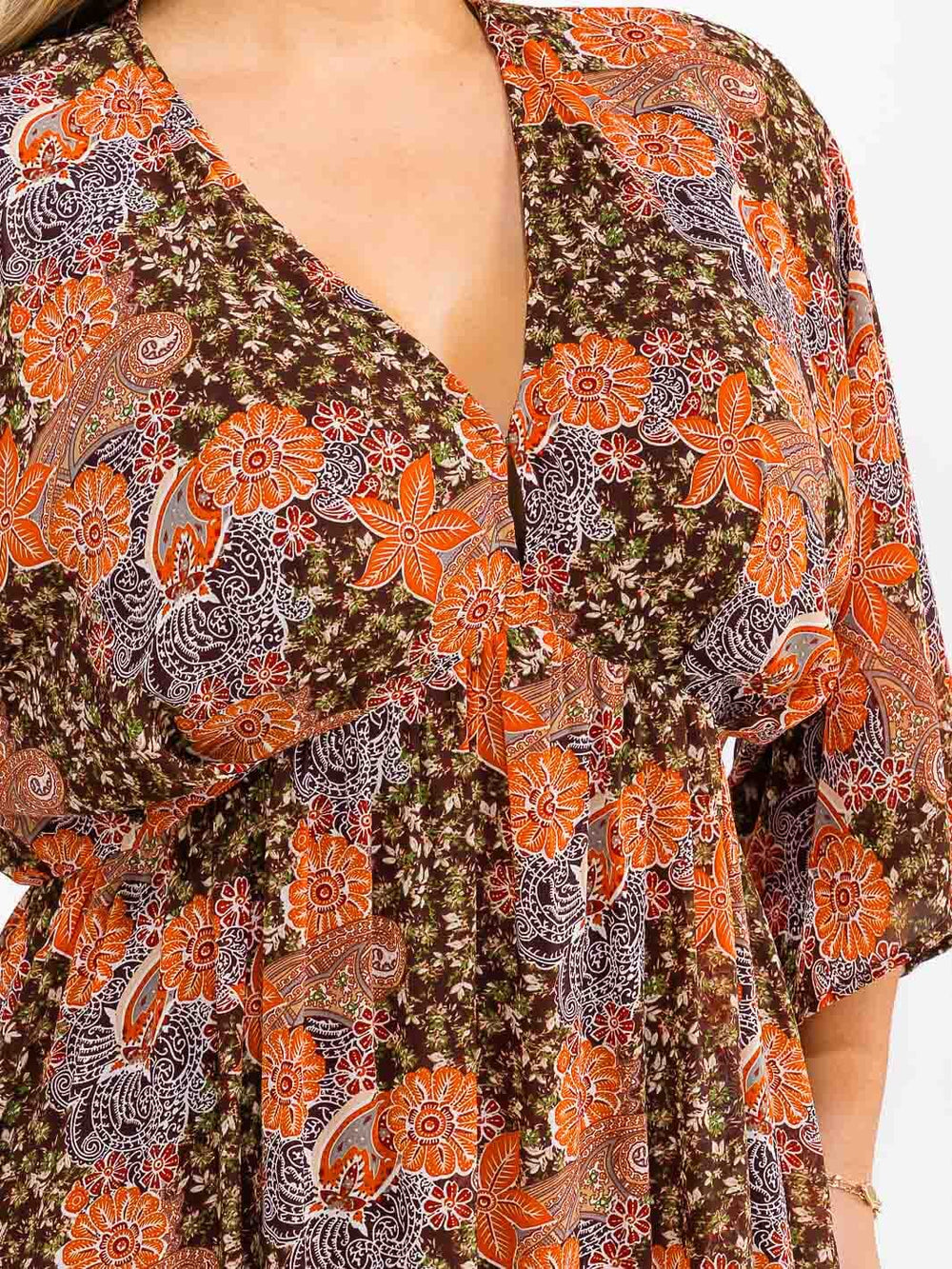 PLUS SIZE 3/4 SLEEVE V-NECK ELASTIC WAIST FLORAL PRINT MAXI DRESS