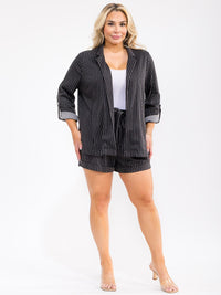 PLUS SIZE LONG SLEEVE CARDIGAN & ELASTIC WAIST SHORTS STRIPES 2PC. SET