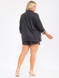 PLUS SIZE LONG SLEEVE CARDIGAN & ELASTIC WAIST SHORTS STRIPES 2PC. SET