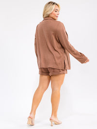 PLUS SIZE LONG SLEEVE CARDIGAN & ELASTIC WAIST SHORTS STRIPES 2PC. SET