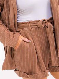 PLUS SIZE LONG SLEEVE CARDIGAN & ELASTIC WAIST SHORTS STRIPES 2PC. SET