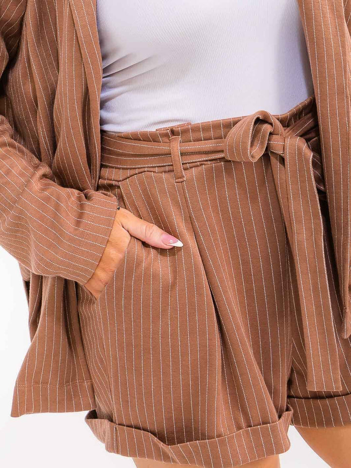 PLUS SIZE LONG SLEEVE CARDIGAN & ELASTIC WAIST SHORTS STRIPES 2PC. SET