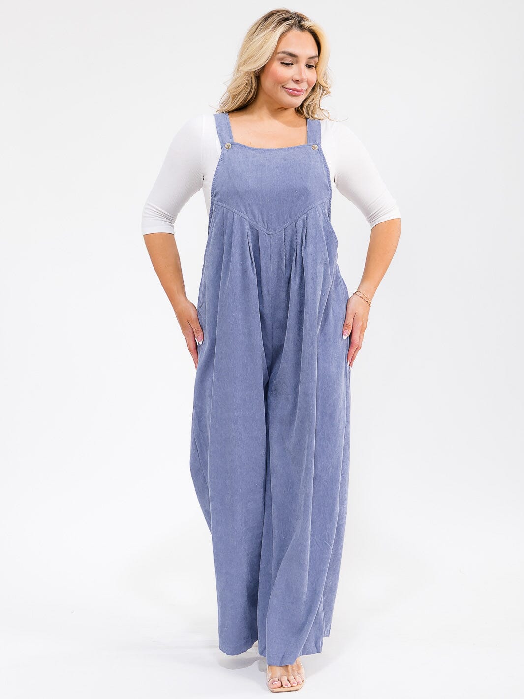 PLUS SIZE SLEEVELESS SQUARE NECK POCKETS WIDE LEG CORDUROY JUMPSUIT