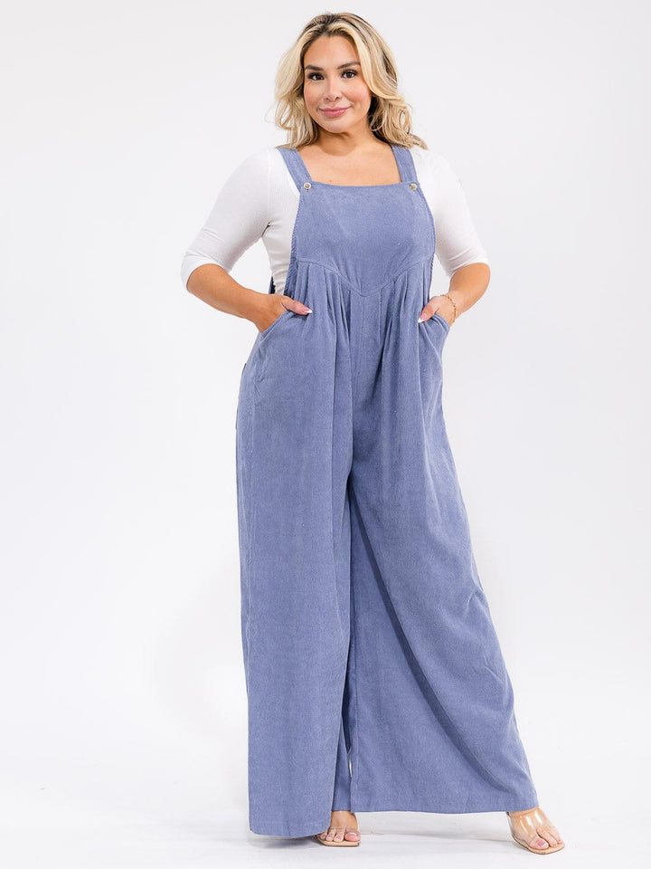 PLUS SIZE SLEEVELESS SQUARE NECK POCKETS WIDE LEG CORDUROY JUMPSUIT