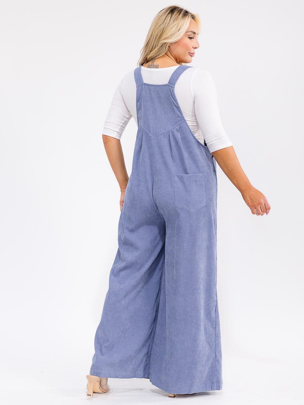 PLUS SIZE SLEEVELESS SQUARE NECK POCKETS WIDE LEG CORDUROY JUMPSUIT