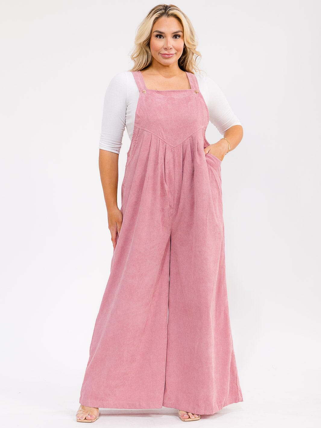 PLUS SIZE SLEEVELESS SQUARE NECK POCKETS WIDE LEG CORDUROY JUMPSUIT