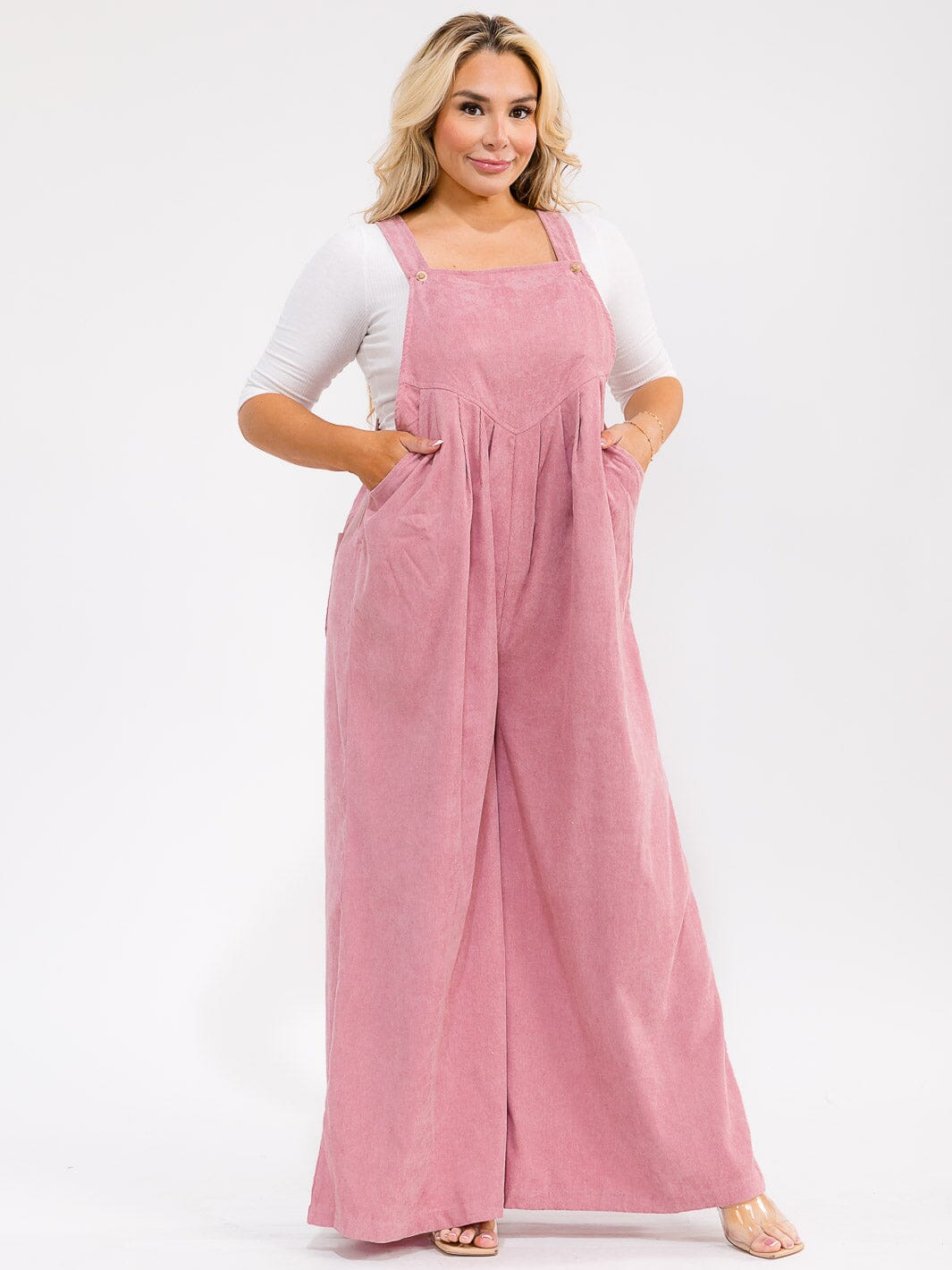 PLUS SIZE SLEEVELESS SQUARE NECK POCKETS WIDE LEG CORDUROY JUMPSUIT