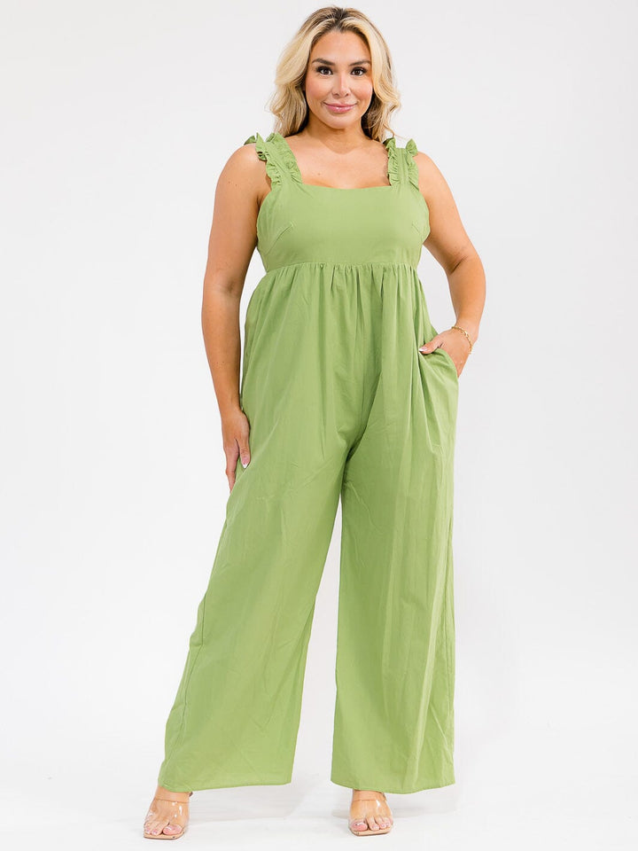 PLUS SIZE SLEEVELESS SQUARE NECK POCKETS WIDE LEG JUMPSUIT