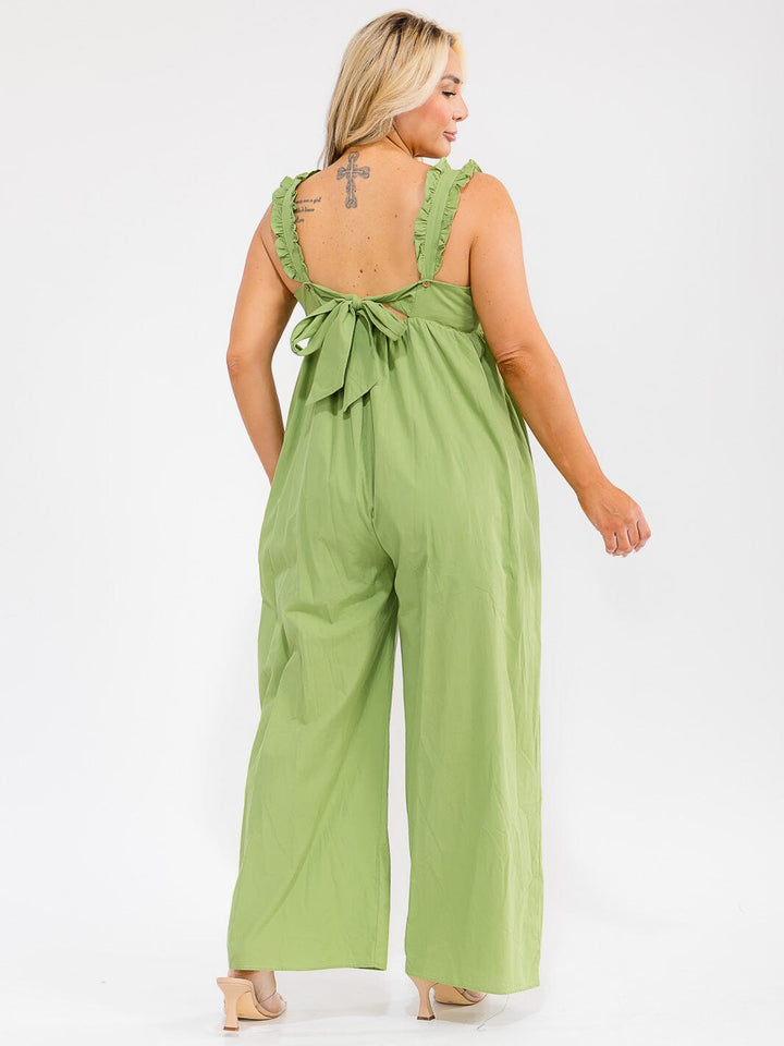 PLUS SIZE SLEEVELESS SQUARE NECK POCKETS WIDE LEG JUMPSUIT