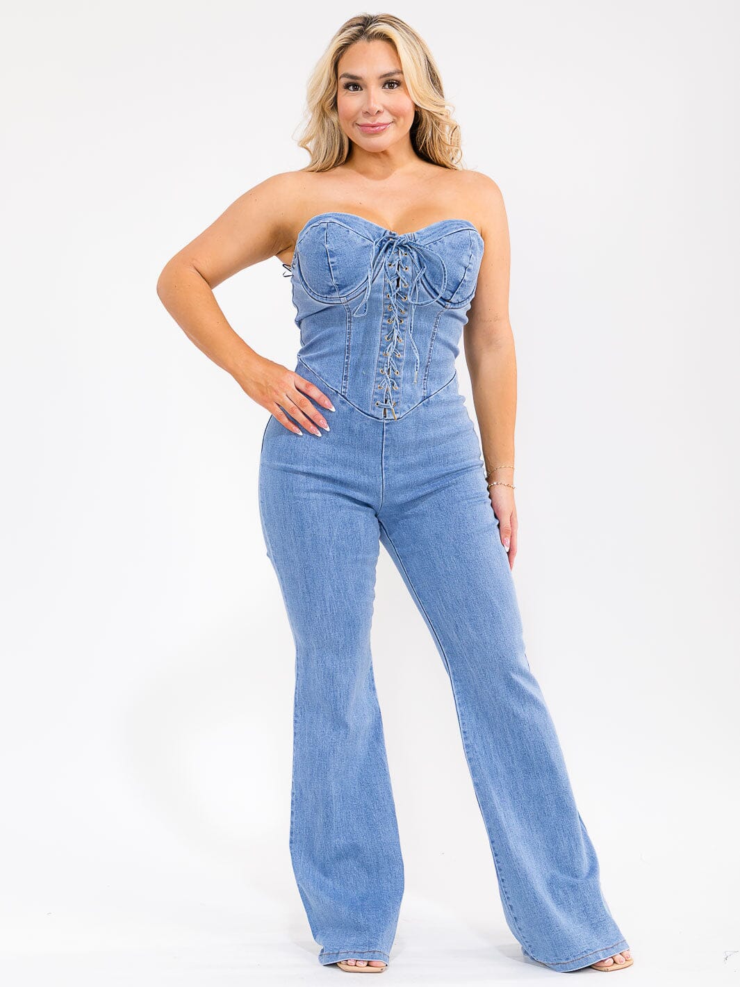 PLUS SIZE SLEEVELESS LACE UP STRETCH DENIM WIDE LEG JUMPSUIT