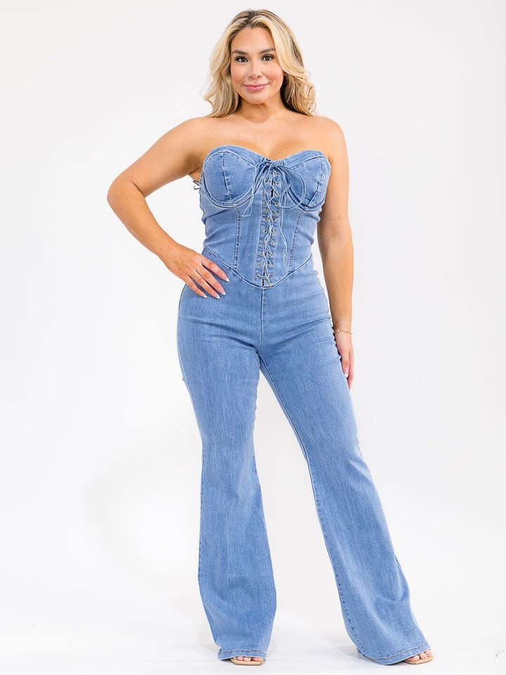 PLUS SIZE SLEEVELESS LACE UP STRETCH DENIM WIDE LEG JUMPSUIT