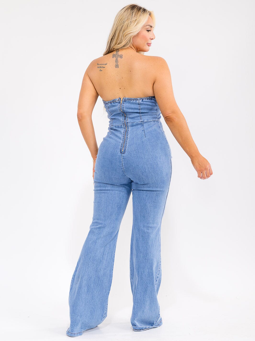 PLUS SIZE SLEEVELESS LACE UP STRETCH DENIM WIDE LEG JUMPSUIT