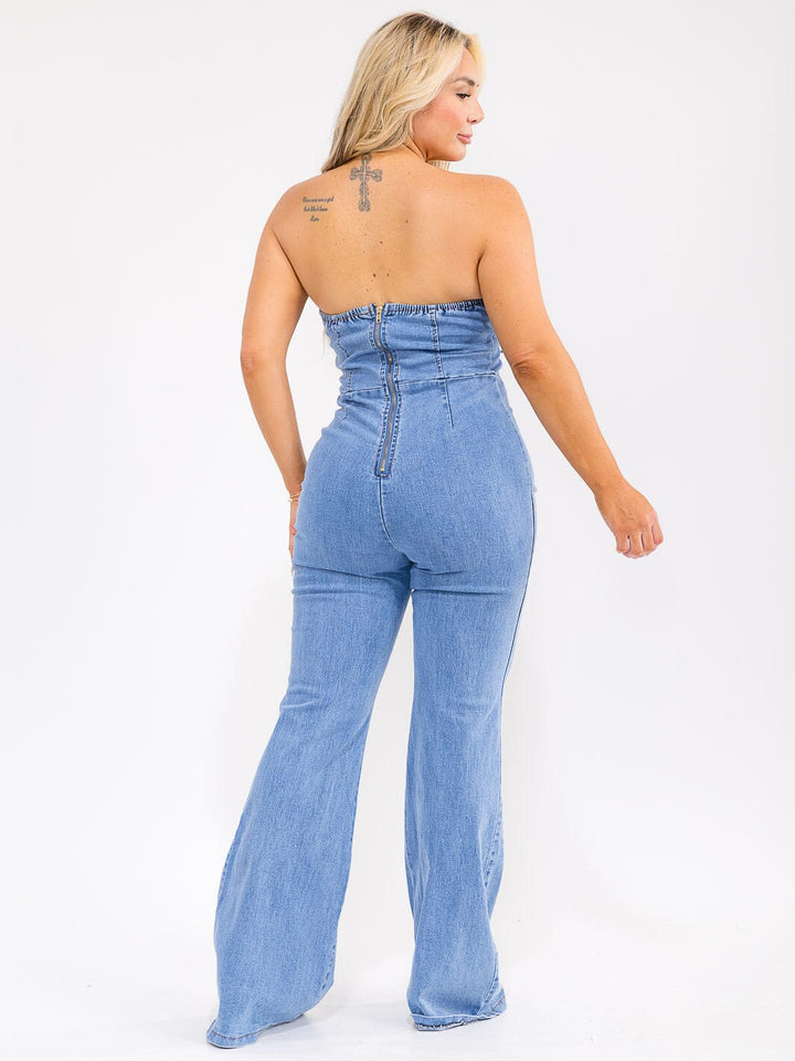 PLUS SIZE SLEEVELESS LACE UP STRETCH DENIM WIDE LEG JUMPSUIT