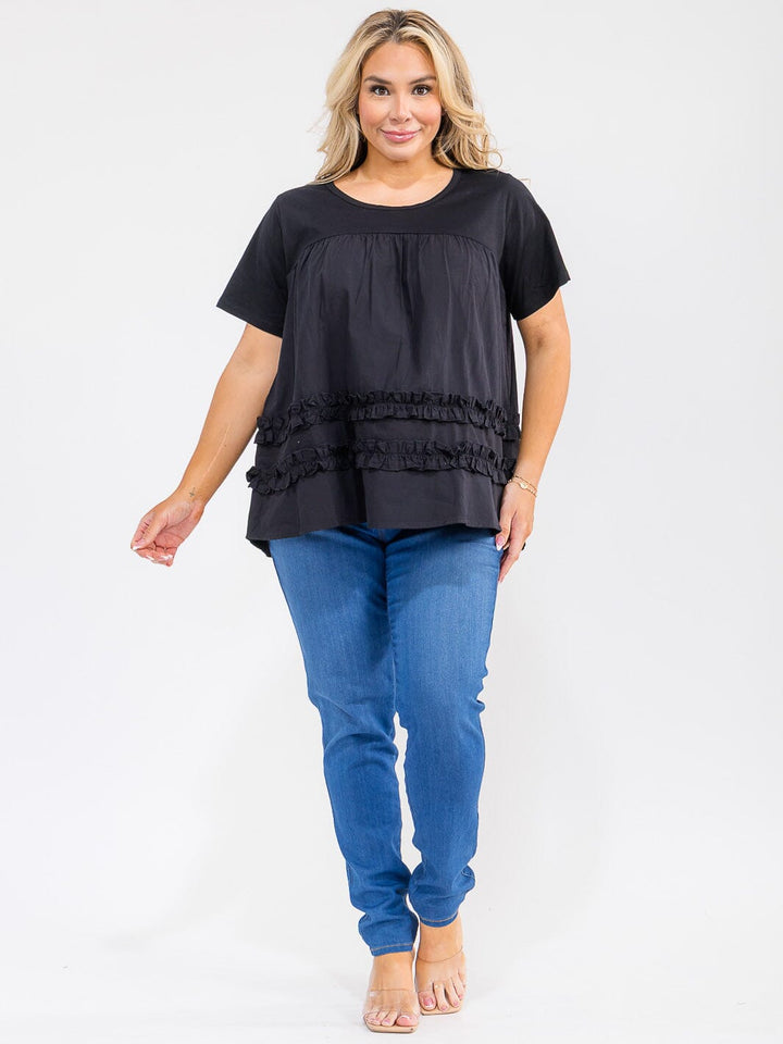 PLUS SIZE SHORT SLEEVE RUFFLE TUNIC TOP