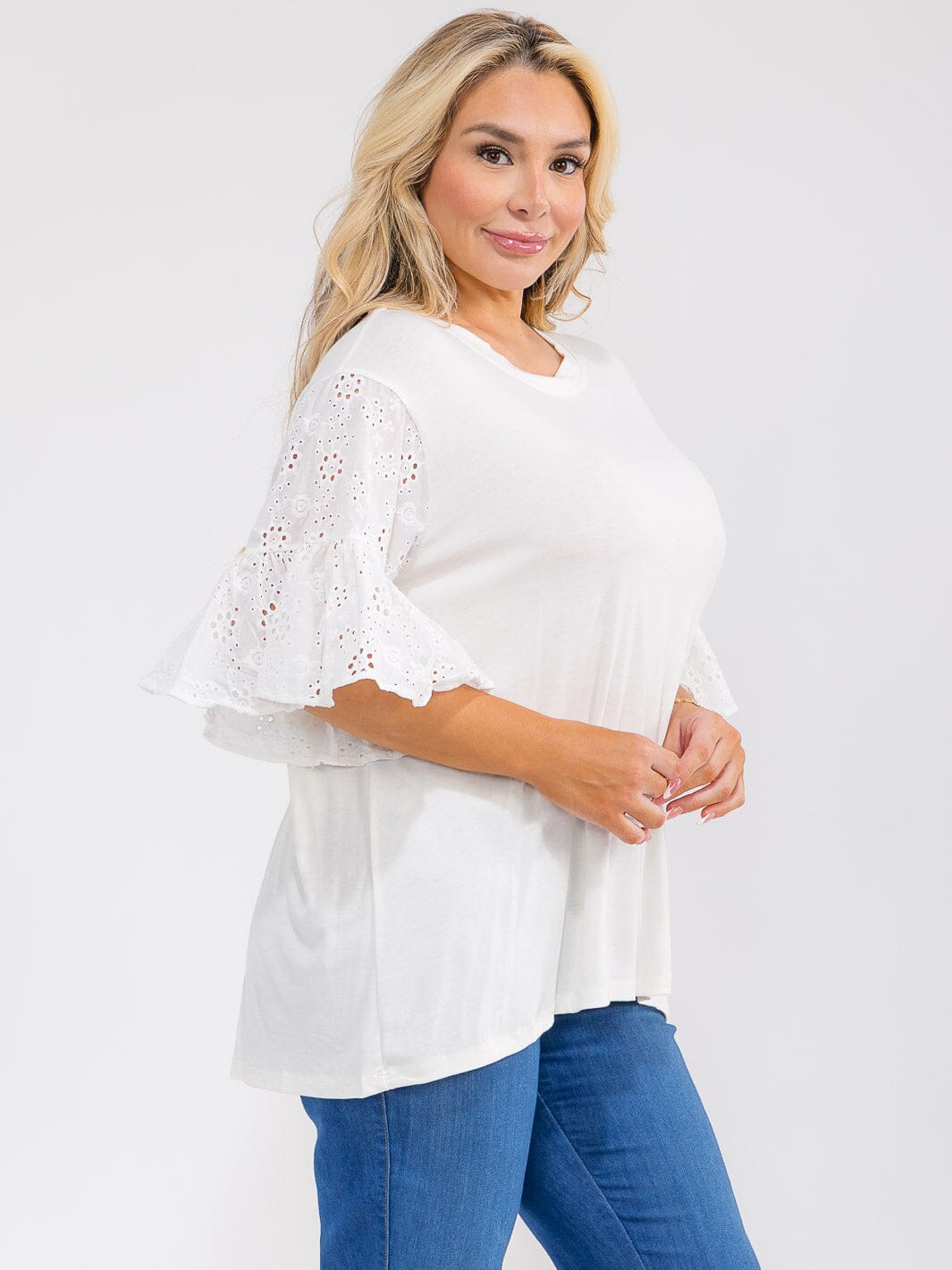 PLUS SIZE SHORT RUFFLE SLEEVE EYELET DETAILED TOP