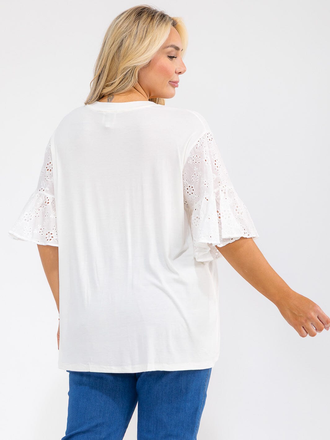 PLUS SIZE SHORT RUFFLE SLEEVE EYELET DETAILED TOP