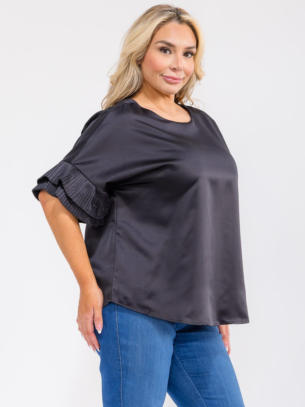 PLUS SIZE SHORT RUFFLE SLEEVE SOLID BLOUSE