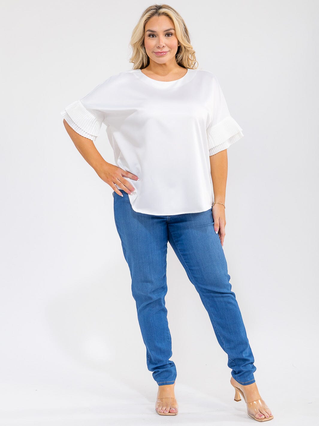 PLUS SIZE SHORT RUFFLE SLEEVE SOLID BLOUSE