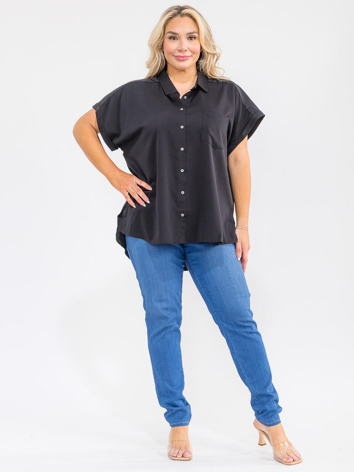 PLUS SIZE SHORT SLEEVE V-NECK BUTTON UP FRONT POCKET HIGH LOW TOP