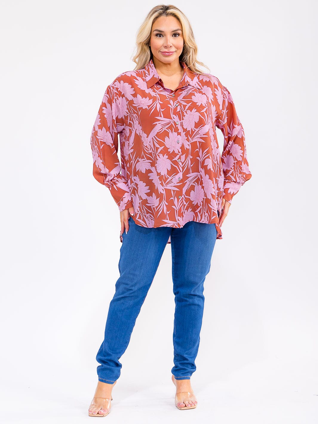 PLUS SIZE LONG SLEEVE BUTTON UP HIGH LOW LEAF PRINT TOP